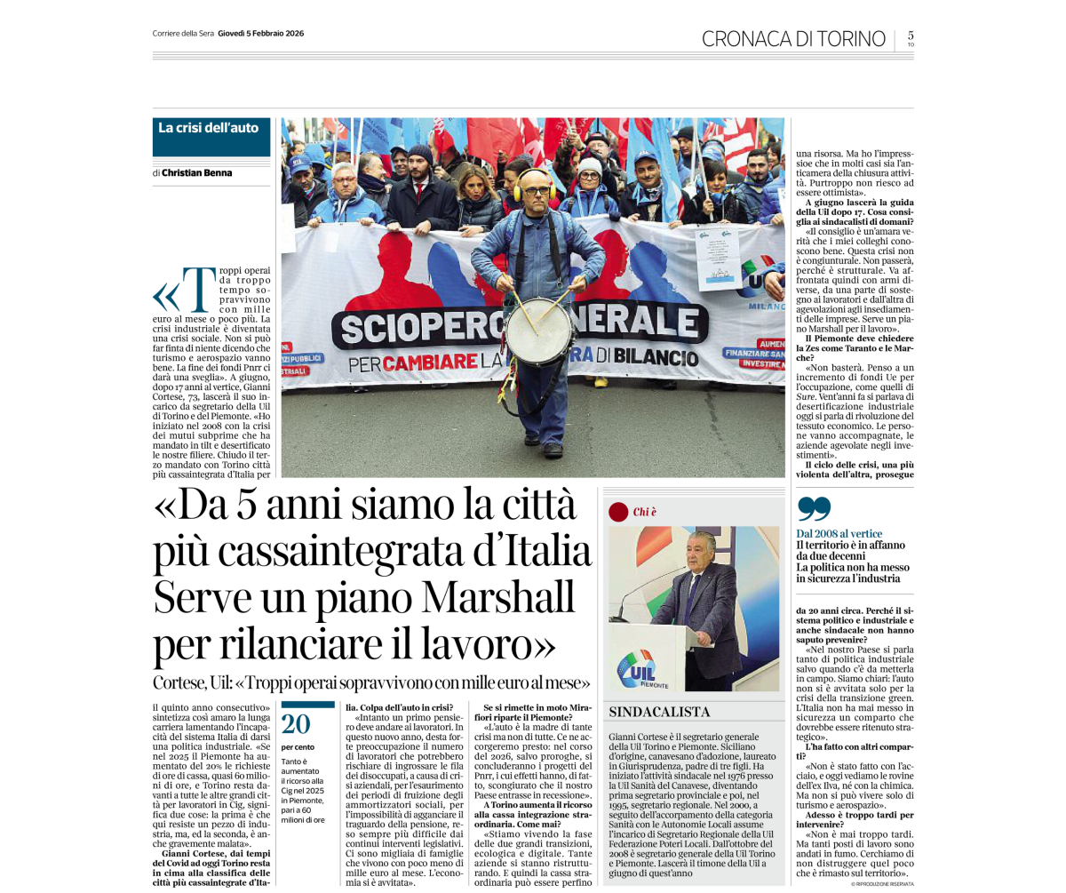 L'intervista al Segretario Generale della UIL Piemonte Gianni Cortese sul Corriere della Sera