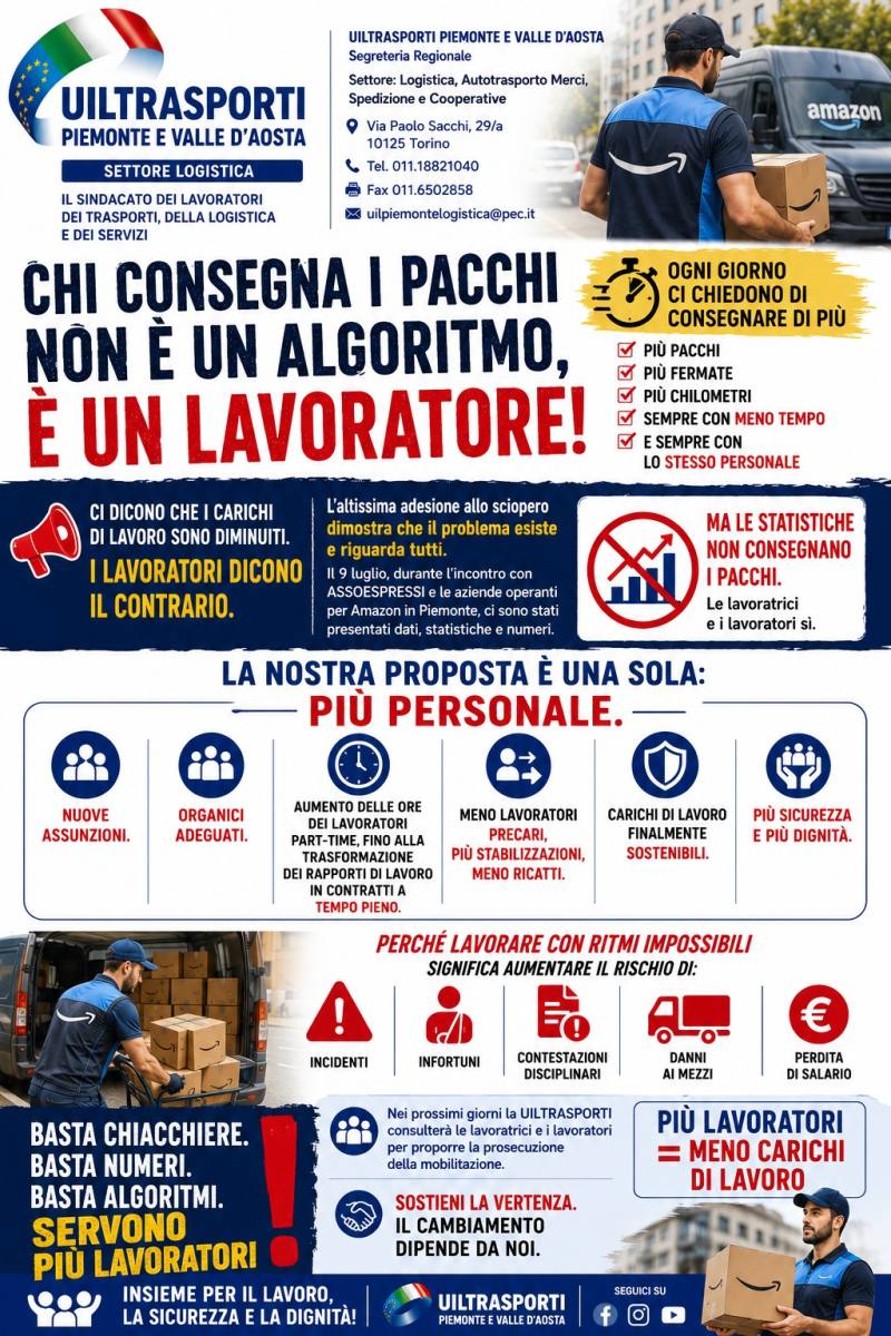 UIL Trasporti Piemonte: consegne sempre più veloci, carichi di lavoro sempre più pesanti, il prezzo dell'e-commerce lo paga chi lavora