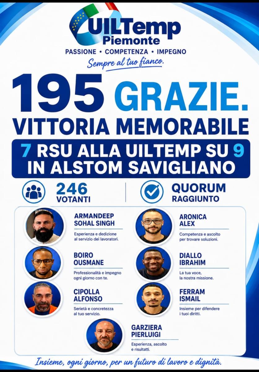 Grande successo della UilTemp alle elezioni RSU dei lavoratori in somministrazione all'Alstom di Savigliano