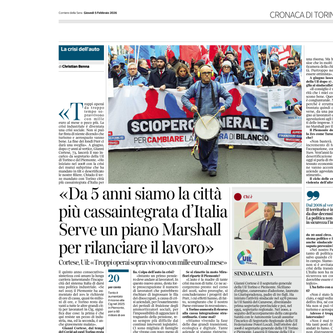 L'intervista al Segretario Generale della UIL Piemonte Gianni Cortese sul Corriere della Sera
