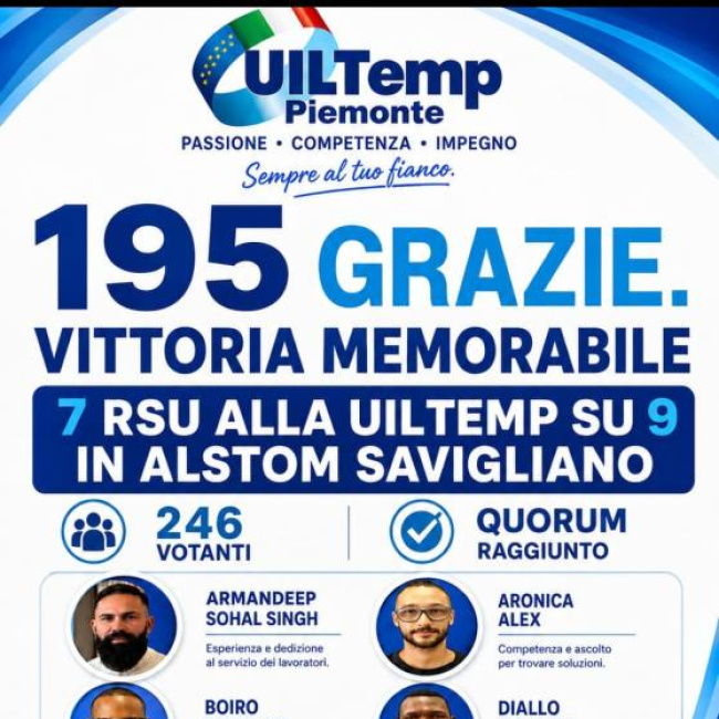Grande successo della UilTemp alle elezioni RSU dei lavoratori in somministrazione all'Alstom di Savigliano